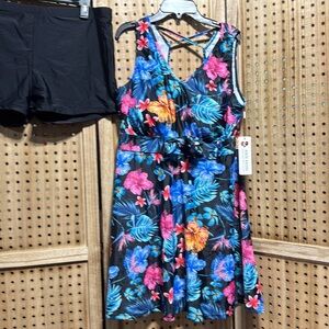 Kate Kasin Two Piece Tummy Control Back Cross Flowy Swimdress wBoyshorts